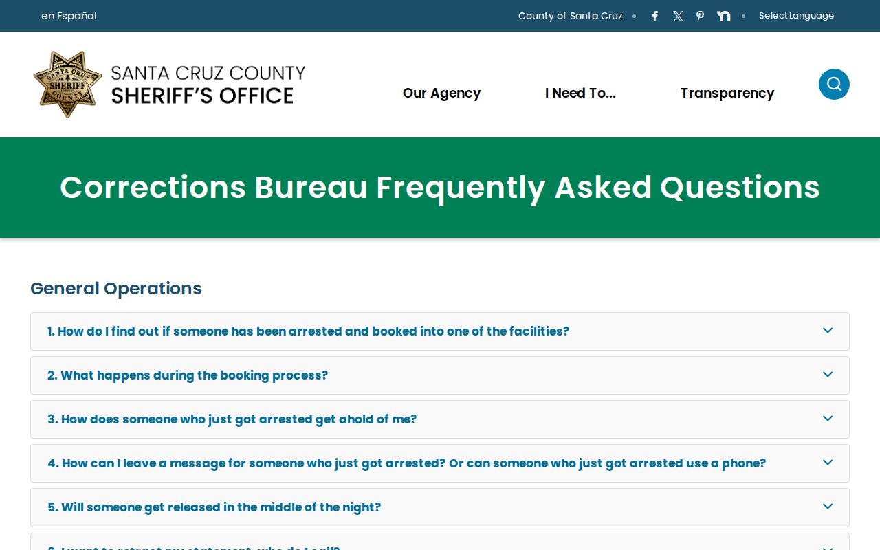 Santa Cruz Sheriff's Corrections FAQ release timing information