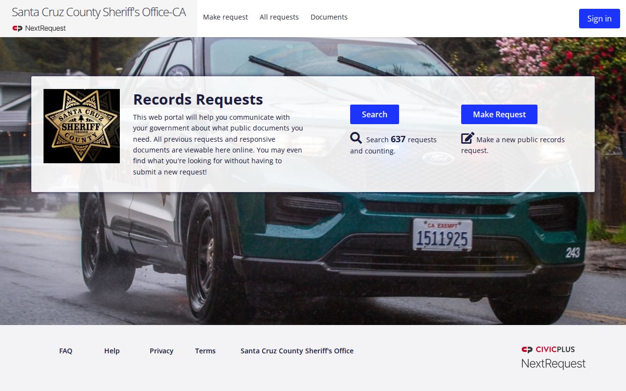 Santa Cruz Sheriff's NextRequest public records portal