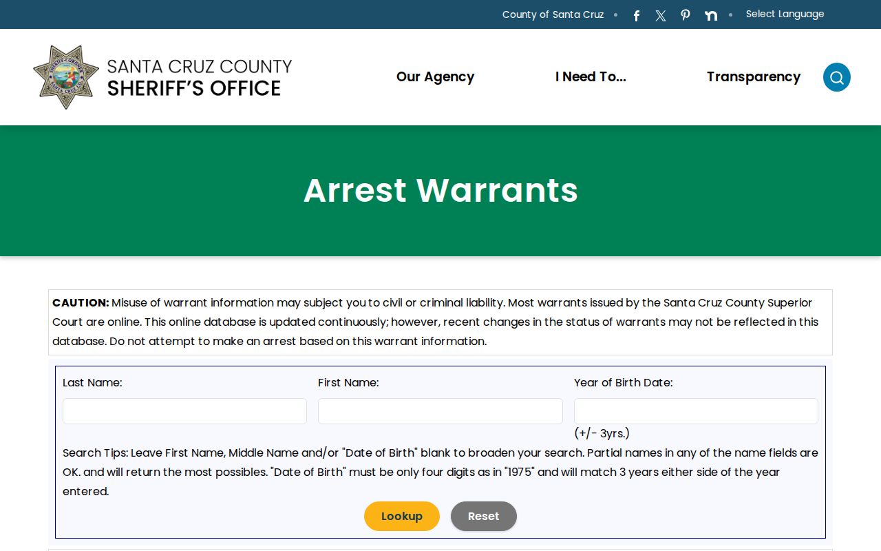Santa Cruz County arrest warrant search page