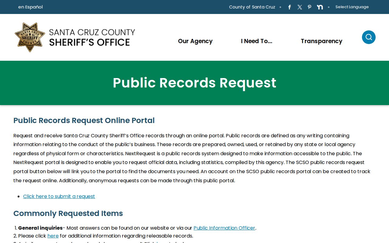 Santa Cruz Sheriff's public records request page