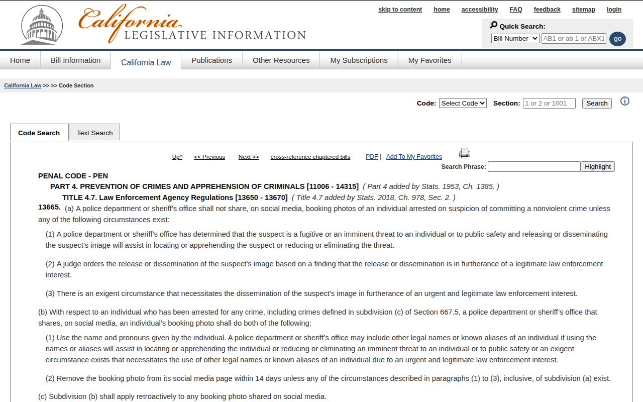 California Penal Code section 13665 booking photo social media restriction